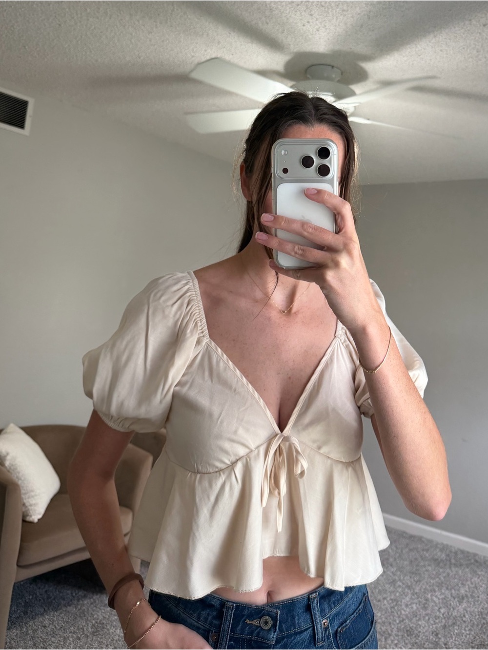 Women’s Cream Puff-Sleeve V-Neck Tie-Front Top
